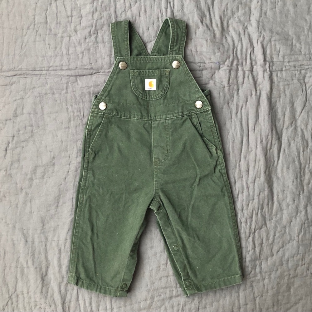 Carhartt olive green overalls, size 9mo